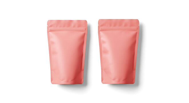 Two isolated coral pink stand-up pouches with resealable zipper, blank packaging for snacks or coffee, product mockup