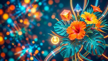 Obraz premium Vibrant hibiscus flowers and monstera leaves intertwined with glowing neon geometric shapes. Abstract cyber jungle design for modern graphics and backgrounds