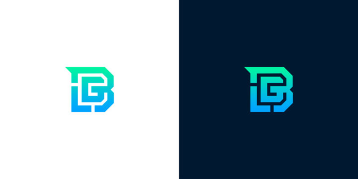 Modern and clean interlocking letter B and G logo design concept in blue and green gradients on white and dark backgrounds