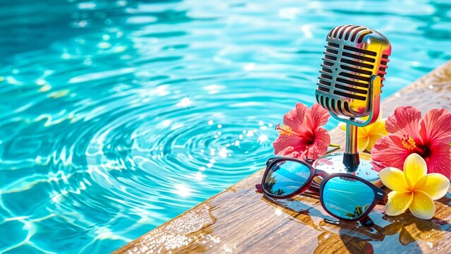 Vintage microphone surrounded by hibiscus and frangipani flowers on wooden deck by blue pool. Tropical summer entertainment setup with sunglasses. Resort vacation and music performance concept