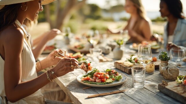 Friends enjoying a delicious outdoor gourmet meal with fresh seafood and wine. Droup of women sharing healthy and vibrant meal together at rustic wooden table, savoring fresh ingredients good company