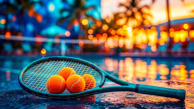 Green tennis racket holding orange tennis balls on poolside. Tropical resort scene with palm trees and sunset lights. Summer sports leisure and water recreation concept by the beach