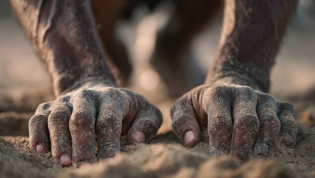 Close-up of weathered hands deeply embedded in beach sand, with a blurred person in background