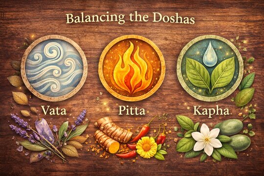A digital illustration of Ayurvedic medicine concepts with doshas and herbs