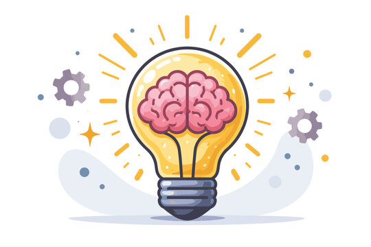 Brain Inside Glowing Light Bulb Vector Illustration for Creative Idea Generation, Innovation, Mental Intelligence, Problem Solving, and Strategic Thinking Concept. Flat Design Graphic Element.
