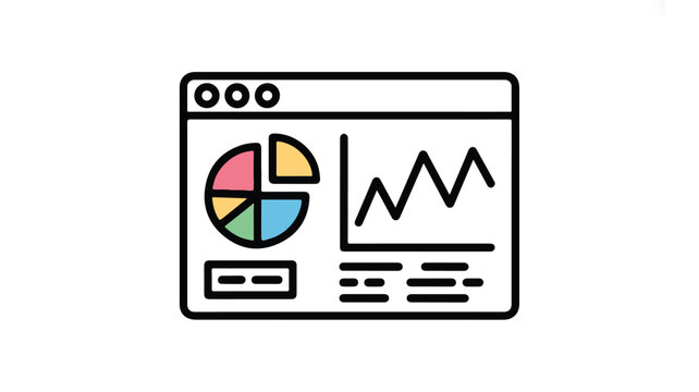 Line chart and pie chart on a computer screen graphic