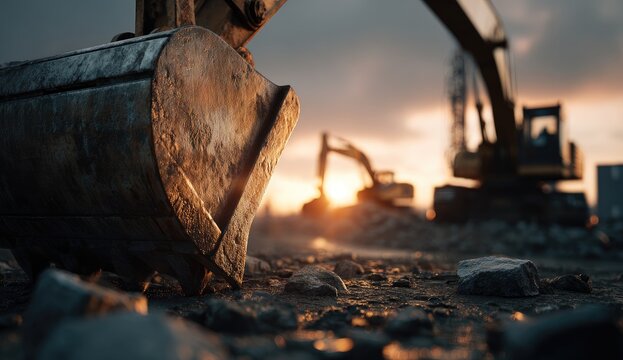 Close-up of excavator bucket in construction zone with sunset background and other machinery