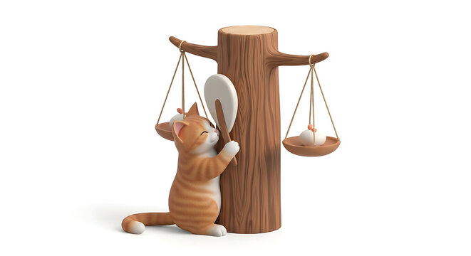Whimsical ginger kitten balances its weight on a vintage wooden scale with a mirror, representing self-assessment and individuality, isolated on a clean background
