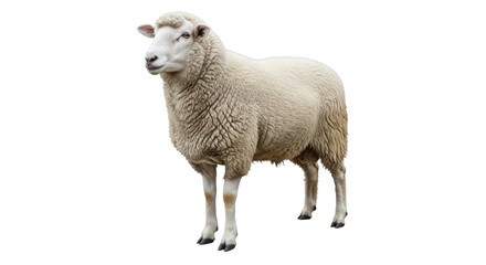 Fototapeta premium Fluffy white sheep standing in profile, woolly farm animal with thick fleece, domestic ewe for livestock and agriculture concepts isolated PNG with Transparent Background