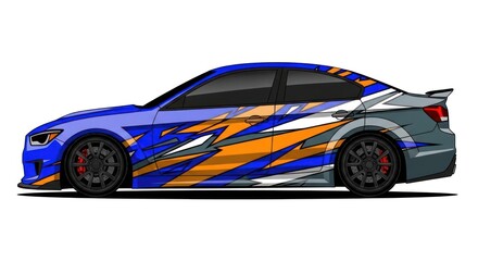 Fototapeta premium Blue sports sedan with orange and white racing vinyl wrap