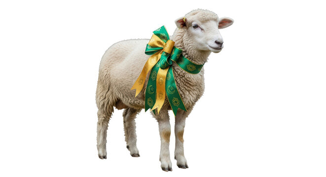 Prize winning sheep with green and gold ribbon, champion livestock animal for agricultural fair, fluffy white wool sheep with decorative bow isolated PNG with Transparent Background