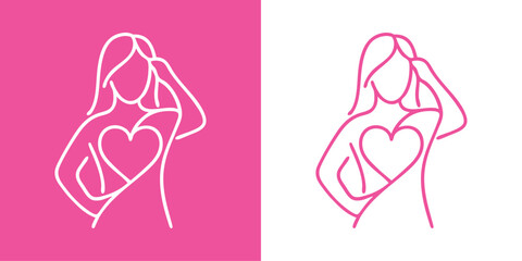 Logotipo con dibujo minimalista con una única línea de mujer de pie con gran corazón, para tarjetas y felicitaciones de San Valentín © teracreonte