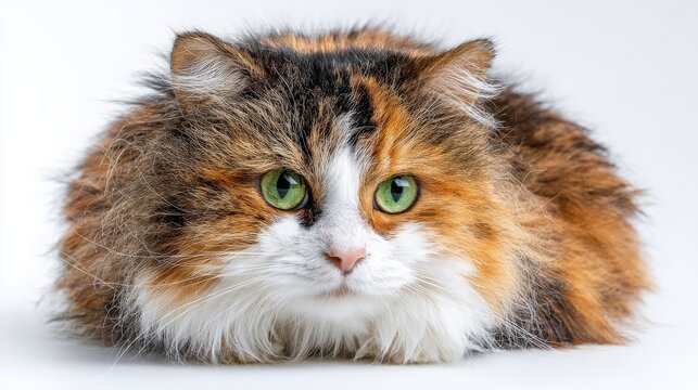 Fluffy calico cat with bright green eyes looks directly into the camera lens against a clean white background.
