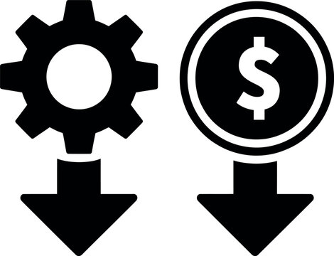 Downward arrows with gear and dollar sign icons representing decrease in cost and efficiency