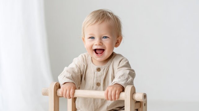 Smiling blond baby holding wooden walker rail in bright minimalist nursery with soft daylight