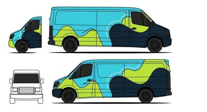 Commercial cargo van branding mockup with colorful abstract graphics