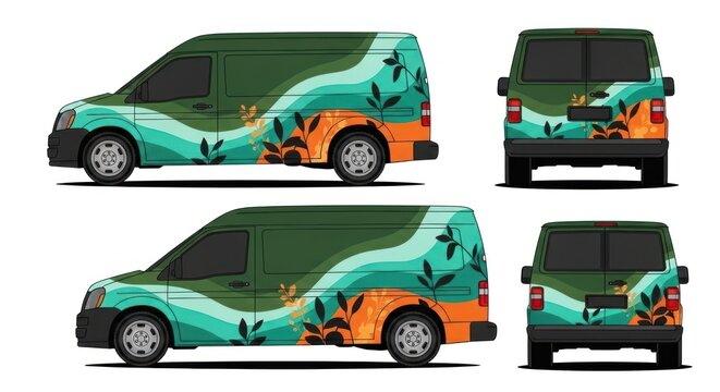 Commercial delivery van branding mockup with nature themed floral graphics