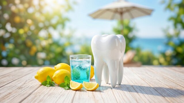 Large white tooth model on wooden table with yellow lemons, mint leaves and blue fizzy drink. Summer oral hygiene and healthy breath concept in sunny beach setting