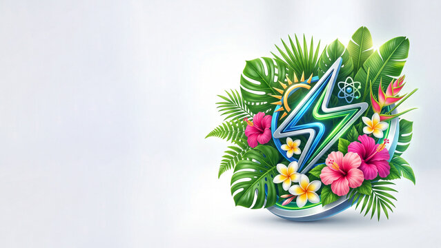 Tropical leaves and vibrant flowers encircle glowing energy bolt with atom symbol and sun. Eco power concept in lush greenery and blooms. Sustainable energy illustration for environmental design