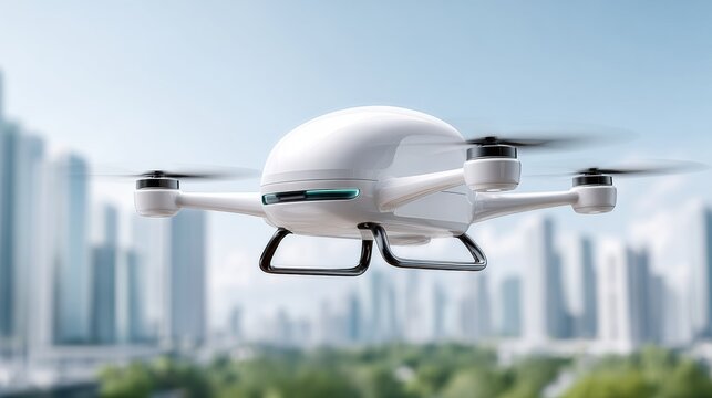 Autonomous white quadcopter drone hovering over modern city skyline with blurred high rise background