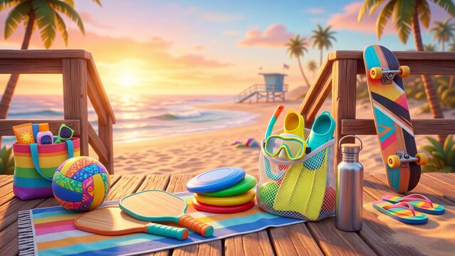 Colorful beach toys arranged on wooden deck overlooking ocean at sunset. Tropical fun and relaxation concept for seaside playtime