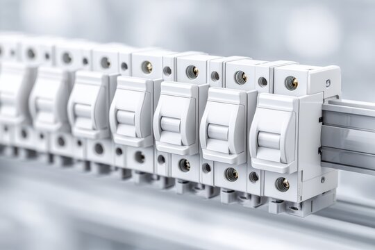 Row of white miniature circuit breakers on DIN rail inside electrical distribution panel closeup