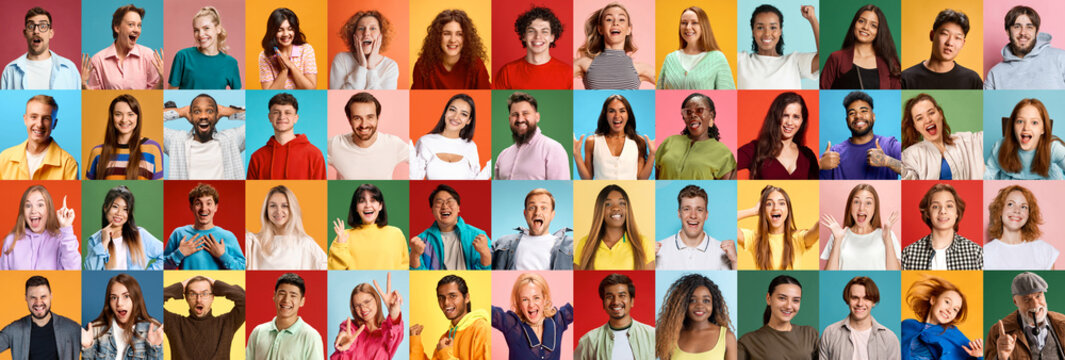 Diverse group of people portraits collage with colorful backgrounds. Concept of diversity, human emotions, social inclusion, communication, lifestyle variety and modern audience representation.