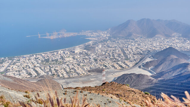 Panoramic View of Khorfakkan City and Fujairah Port from Al Suhub Rest Area, UAE