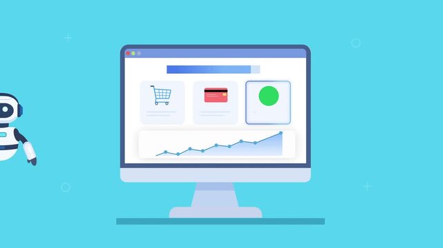 Animated video of a robot assistant beside a computer dashboard showing shopping cart, transaction status, and analytics, representing AI ecommerce automation, online sales, and workflow monitoring.