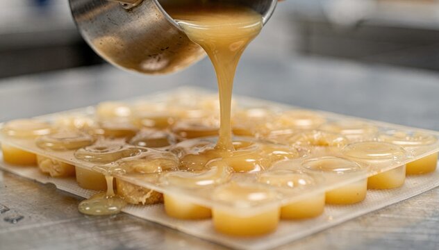 Closeup of molten paraffin wax being carefully poured into small foodgrade molds capturing the smooth flow and initial cooling process of edible wax blocks.