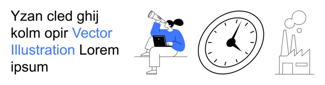 Business planning, time management, industrial growth, productivity, innovation, solutions. Woman with telescope, clock factory graphic. Business planning and time management concept