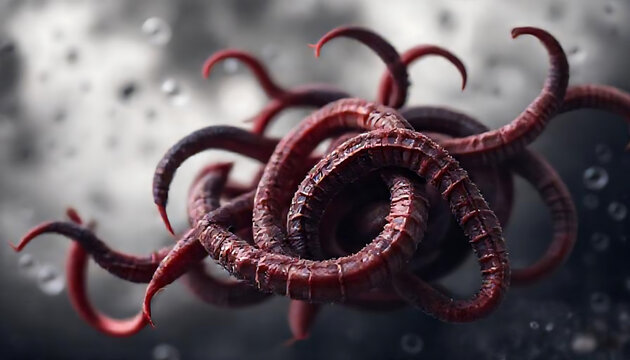 Intricate swirling red tendrils create a dark and unsettling abstract form