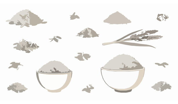 Hand drawn rice grains and bowl vector background seamless style food illustration isolated on white background