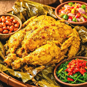 Balinese Ayam Betutu Close-Up with Sambal Matah and Plecing Kangkung