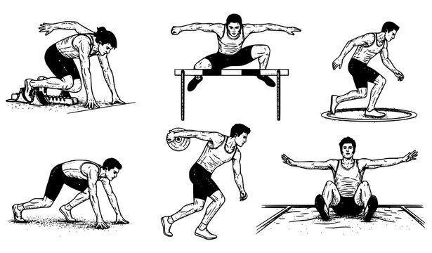 Vintage hand drawn athletics illustration set detailed engraving style track and field athletes isolated on white background