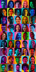Fototapeta premium Colorful neon portrait collage of diverse people faces with expressive emotions. Concept of individuality, digital identity, diversity casting, creative avatars and modern visual communication trends.