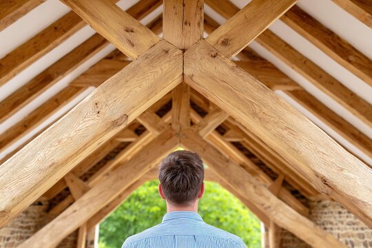 A man looks up at the wooden beams of a roof