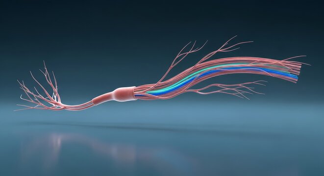 Auditory nerve 3D render, neuro otology visualization of cochlear signal transmission pathway, neural fiber bundle structure, sensory hearing system anatomy model study