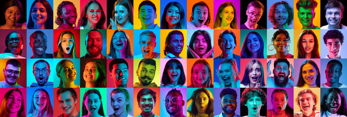 Obraz premium Bright emotional faces collage with bright reactions and colorful backgrounds. Concept of human emotions spectrum, social media reactions pack, marketing audience targeting and communication visuals.