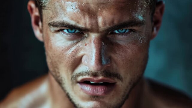 Young strong sporty athlete displaying intense focus and resilience in a dynamic training environment illuminated by dramatic lighting