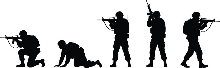Naklejka premium Military soldiers in tactical positions silhouette set illustrating defense strategy combat readiness teamwork strength and disciplined movement in action scene