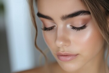 Naklejka premium Bridal makeup tutorial soft pink hue glowing face close up portrait young woman with closed eye natural eyebrow and smooth skin