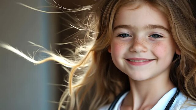 Happy girl doctor wearing a white coat and stethoscope with bright blue eyes smiles cheerfully in a well-lit medical office environment
