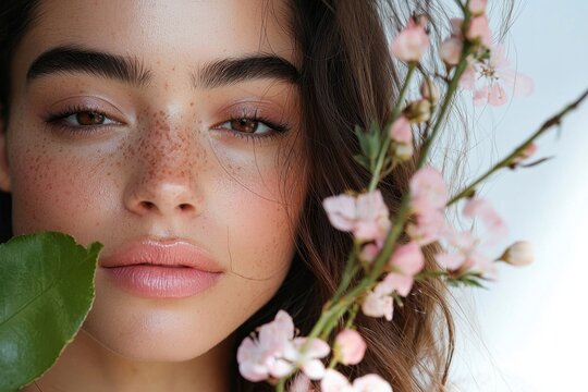 Portrait young woman face freckle natural makeup pink lip brown eye brunette hair flower spring inspired makeup tutorial pastel greens c b