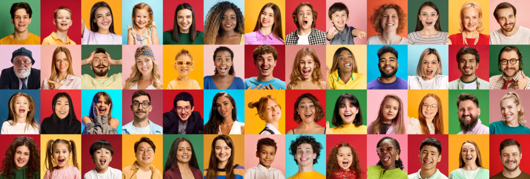 Diverse people collage including children adults and seniors on colorful backgrounds. Concept of inclusivity, generational diversity, family audience, lifestyle variety and broad market representation