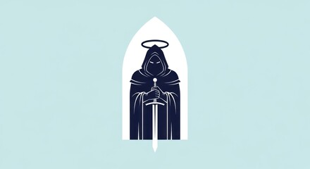Fototapeta premium Minimalist hooded warrior holding sword with halo in archway