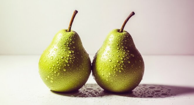 Two fresh pears on a white surface still life photography