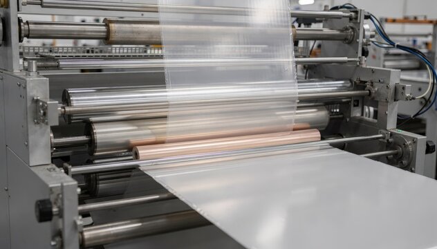 Medium shot of a foil and film lamination line bonding aluminum foil with plastic films showcasing the precise mechanical process in a hightech industrial setting.