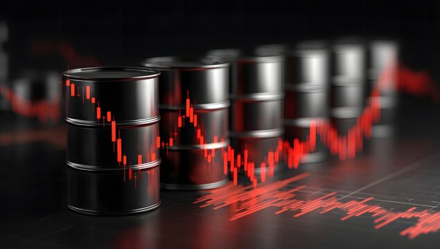 Stock market trading oil barrels data analysis background with candlestick chart showing financial trends and investment opportunities in commodity future market.