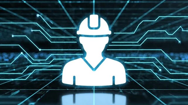 Abstract network nodes connecting to form human worker icon, glowing data lines, digital grid background, camera zoom through network then reveal logo, clean modern tech style